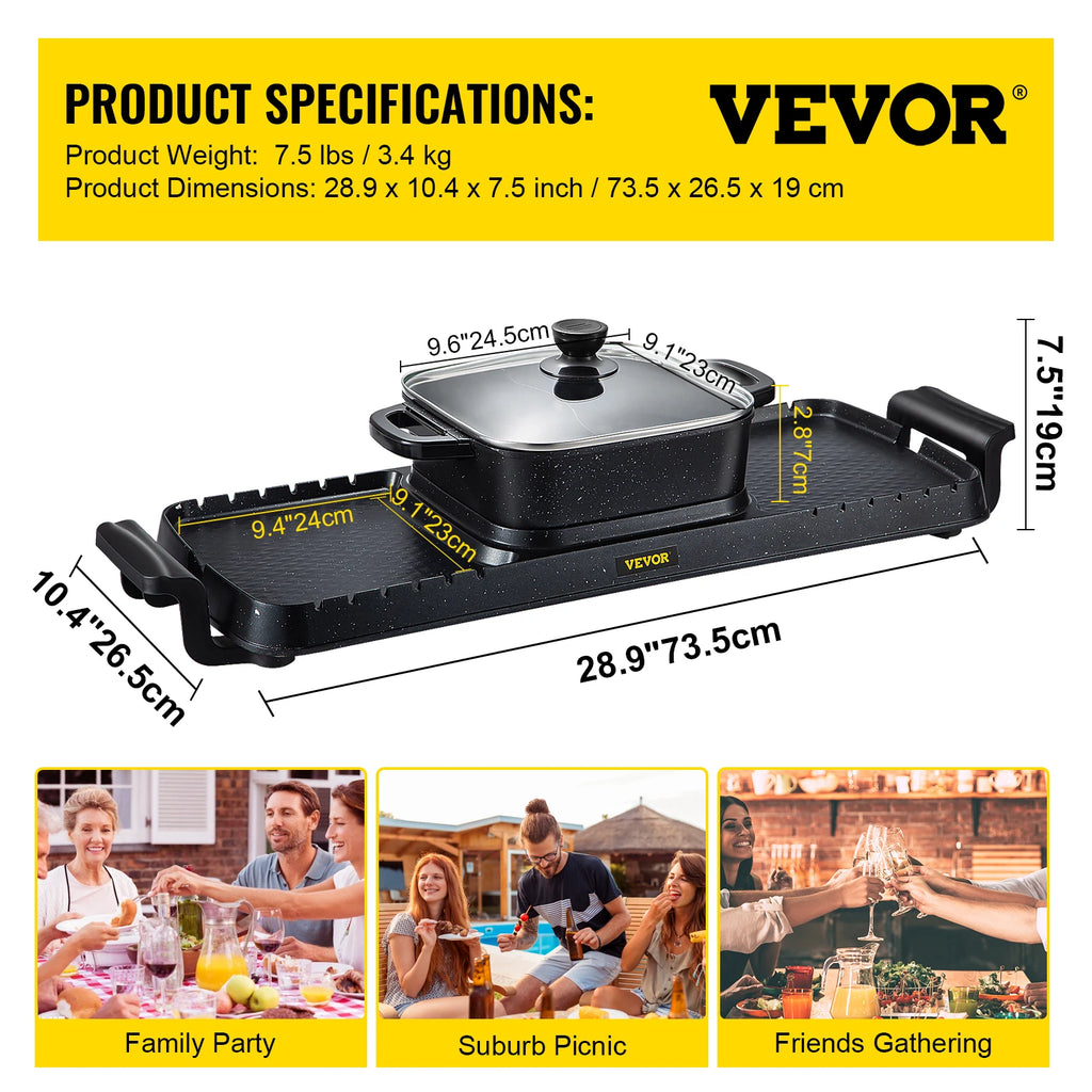 SucceBuy 2in1 Electric BBQ Pan Grill Hot Pot Multifunction Home Portable Smokeless Nonstick Detachable Hot Pot Barbecue Plate