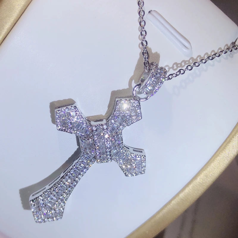 925 Silver Classic Cross Pendant Silver Color Statement Necklace With Zircon Stone Long Chain Necklace for Women Man Religious
