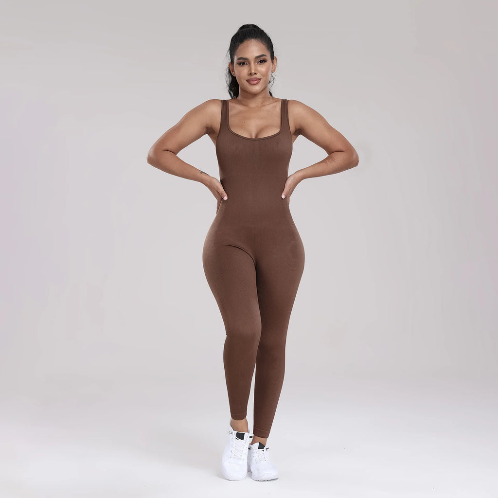 Women's High-Waist Yoga Jumpsuits Ribbed Workout Bodysuits with Sleeveless Sports Bra Knitted Fitness Rompers