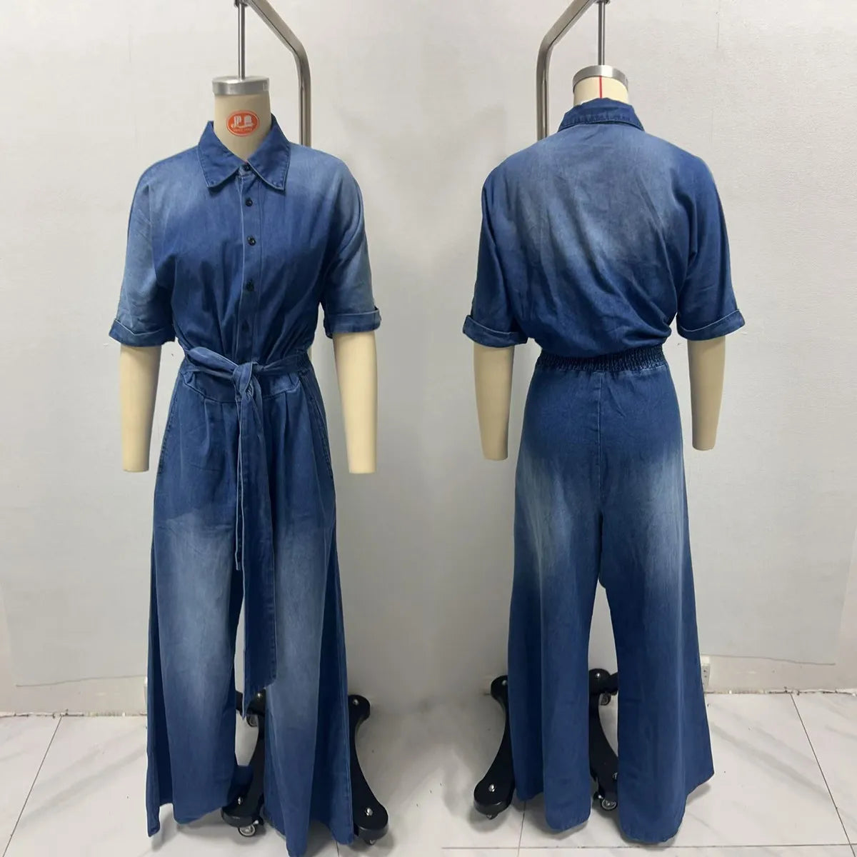 HK7248 Customized Summer Jumpsuits Women Casual Turn-Down Collar Breasted Lace up Short Sleeve Loose Wide Leg Jumpsuit for Women