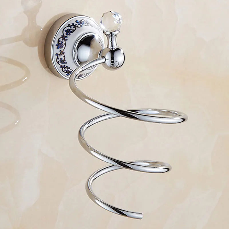 European Antique Blue and White Porcelain Chrome Finish Bathroom Hardware Set Silver&Crystal Towel Rack Bar Hook Basket Rack 5