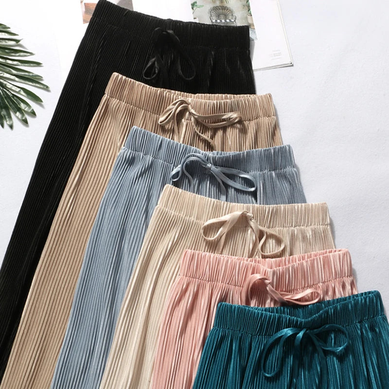 Women Fashion Summer Wide Leg Pants Pleated Ice Silk Trousers Elastic Waist Loose Casual Classic Base Girls Gifts Wear Pants