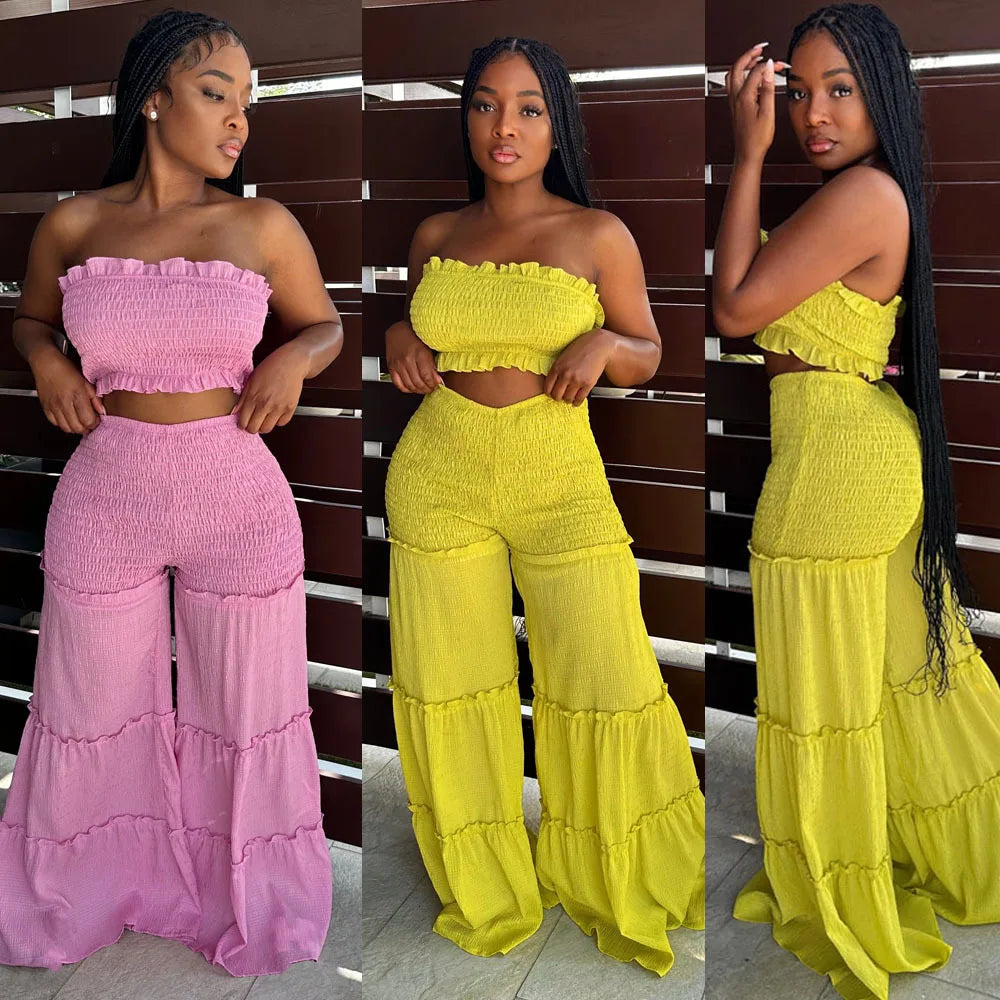 New Arrival Women Set Sexy Bubble Crepe Fabric With Wooden Ear Edge Patchwork Strapless Pants Two-piece Set