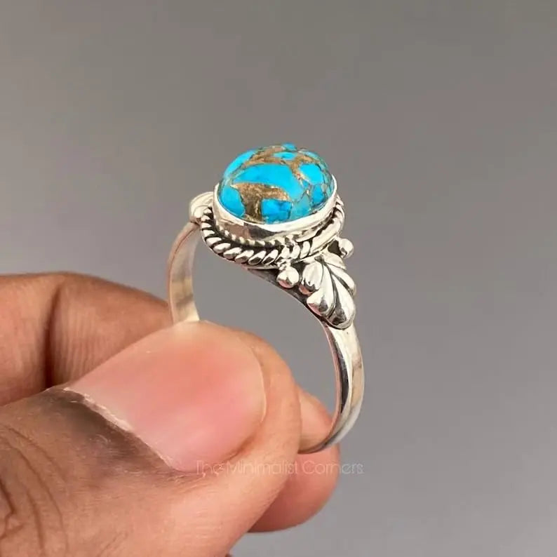 925 Sterling Silver Blue Turquoise Ring Unisex Classic Bezel Set Rhodium Plated Wedding & Party Jewelry Best Price Wholesale