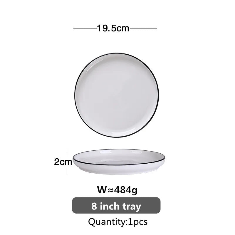 Black Rim White Ceramic Dinner Tray, Kitchen Plate, Tableware, Food Dishes, Soup Bowl,  Kitchen Cook Tool, 1 Piece Sale