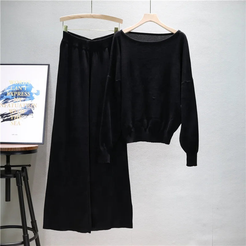 Fashion Casual Suit Women's Spring Loose Knit Sweater Wide Leg Pants Two-piece Set