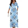 New Wholesale Customized Polynesian Tribal Printed Lace-Up Long Maxi Dress Side Pocket Plus Size Women Casual Dresses With Belt