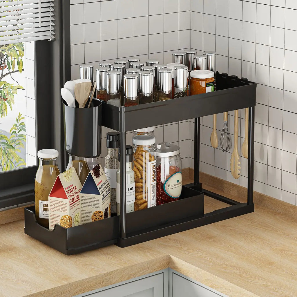 Premium Sustainable Plastic Double Folding Organizer Shelf Standing Rack Kitchen Bathroom Cabinet Home Storage Supplies
