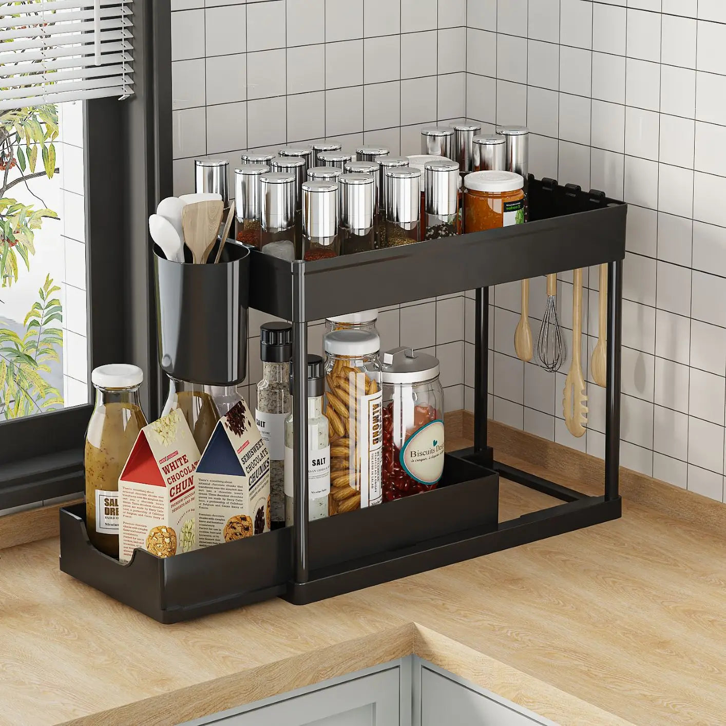 Premium Sustainable Plastic Double Folding Organizer Shelf Standing Rack Kitchen Bathroom Cabinet Home Storage Supplies