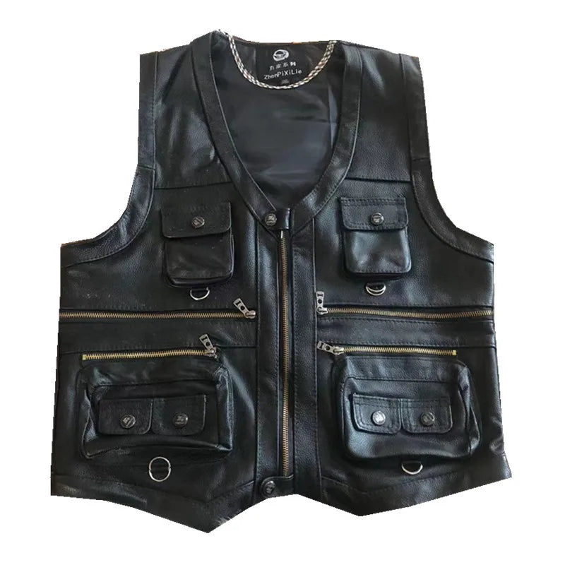 Spot Wholesale High Quality First Layer Cowhide Multi-pocket Tactical Sleeveless Jacket Knight Street Retro Motorcycle Vest Men