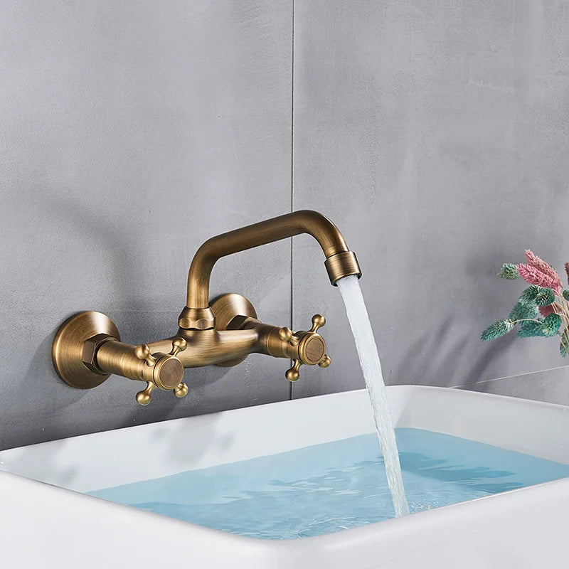 Antique Brass Kitchen Faucet Hot And Cold Water Mixer Faucets Wall Mounted Tap Vessel Sink Mixer Tap Swivel Spout Basin Mixer