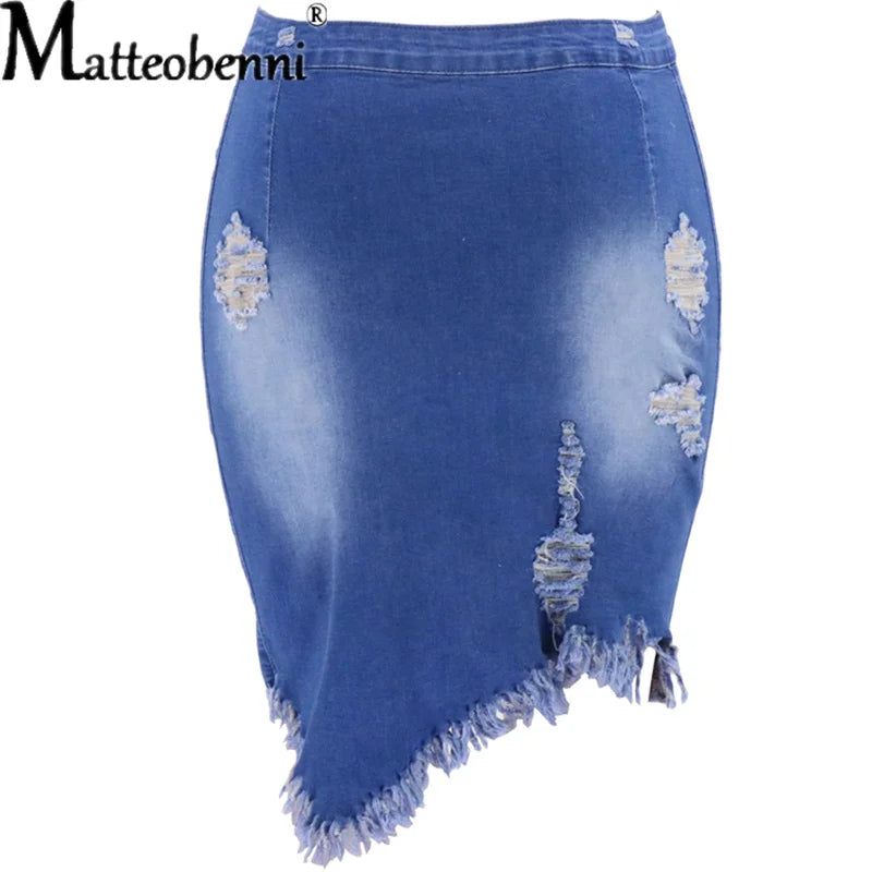 New Summer Sexy Ripped Denim Skirt Women Fashion Hollow Out Casual Hole Tassel Mini Skirt Irregular Basic Pocket Jeans Skirt