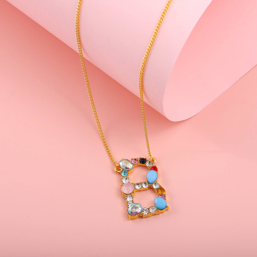 Hainon Fashion Initial 26 Letter Necklace Colored Zircon Necklace Electroplated Gold Sweater Chain