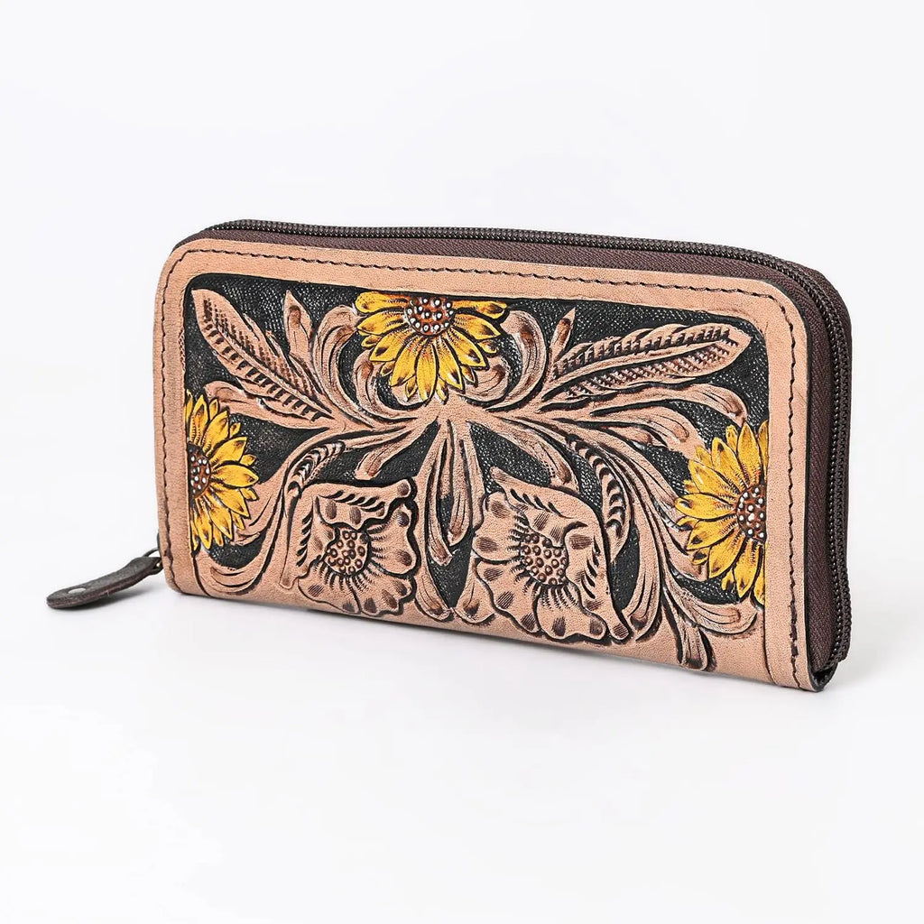 Luxury Hand Tooled Cowhide Leather Bifold Wallet for Women RFID Blocking Western Purse