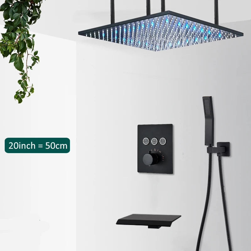 Luxury Black LED Thermostatic Shower Faucet Large Rain Waterfall Shower System Button Control Thermostatic Mixer Tap Bath Shower
