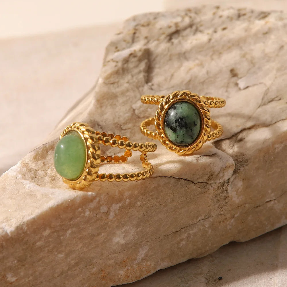 Fashion 18K Gold Plated Adjustable Open Ring Natural Stone Stainless Steel Turquoise Minimalist Rings Jewelry for Women Gift