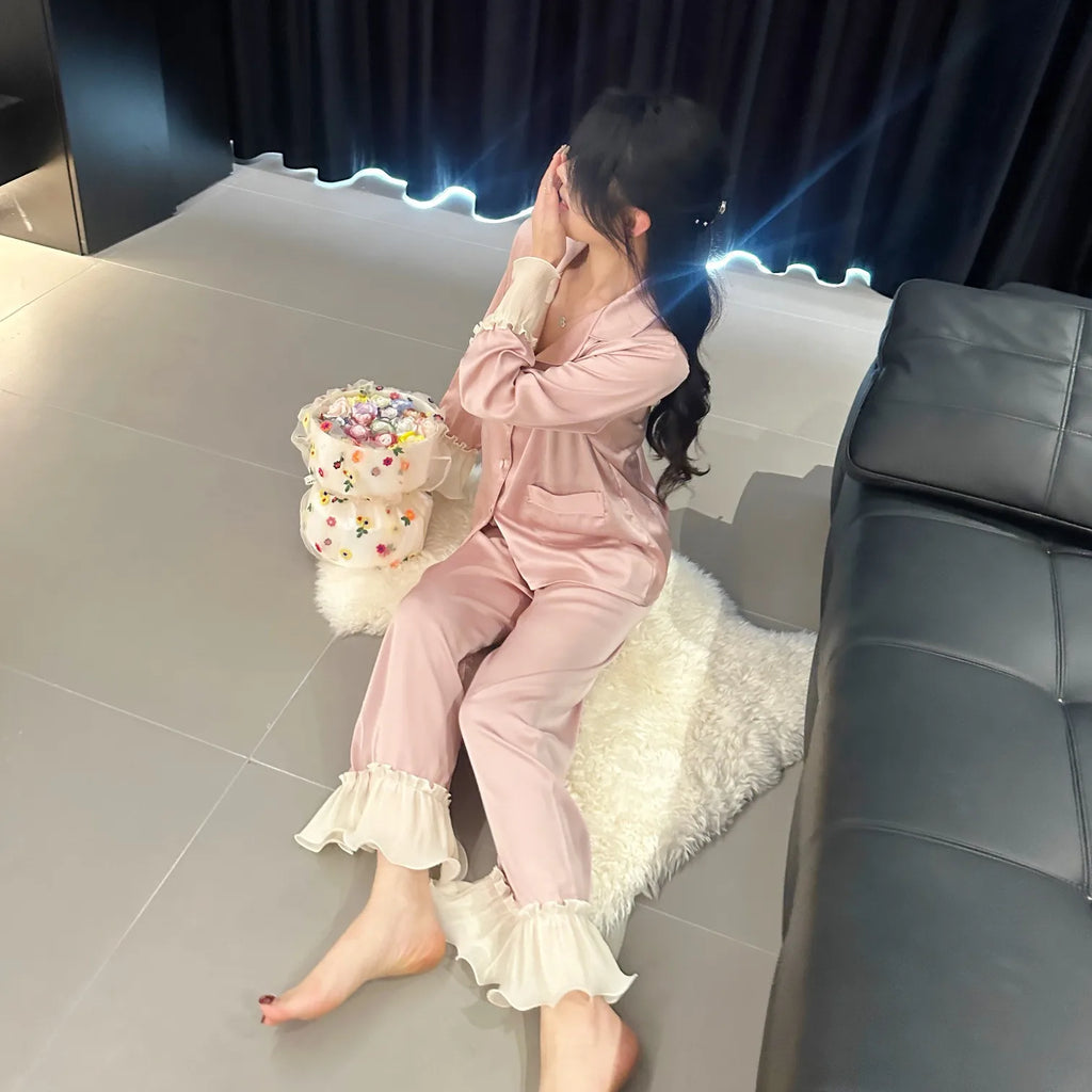 New Women Long-sleeved Pajamas Spring and Autumn Silk Lapel Nightwear Solid Color Stitching Fashion Sleepwear Factory Wholesale