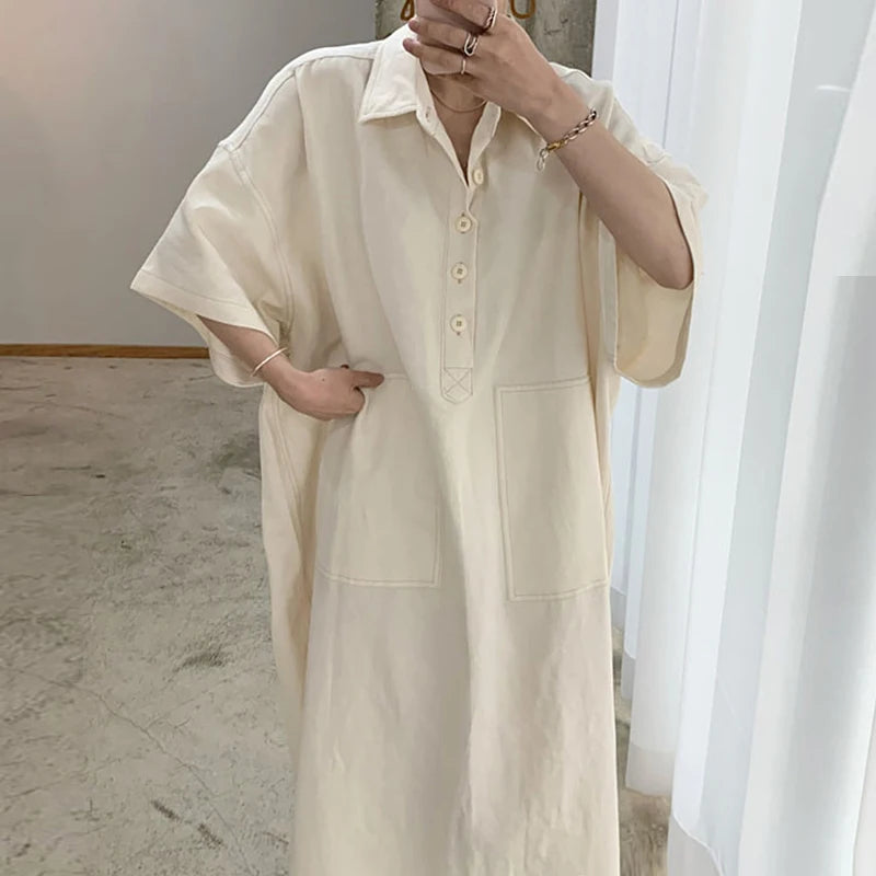 Wholesale 2026 Spring New Fashion Retro Classic Polo Collar Open Line Design Straight Loose Five-point Sleeve Denim Women Dress