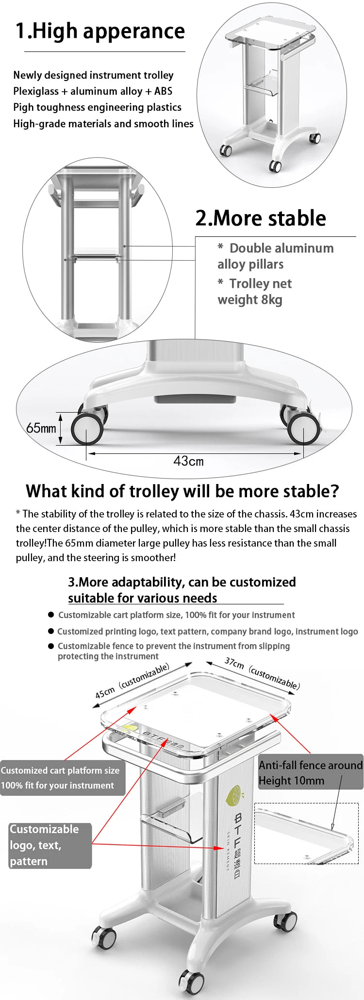 Factory Hot Sale Modern 50x40x20 Beauty Instrument Rolling Movable Trolley Stand