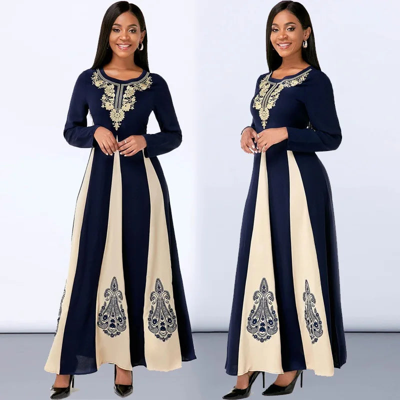 Elegant Muslim Dress for Women 2021 Fall O Neck Long Sleeve Islamic Arabic Abaya Robe Patchwork Print Turkey Eid Mubarak Vestido