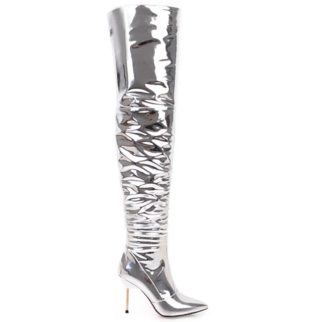Shiny Silver Super High Thin Heel Thigh High Women Boots Over the Knee High Winter Women Stiletto Shoes Super Long Boots