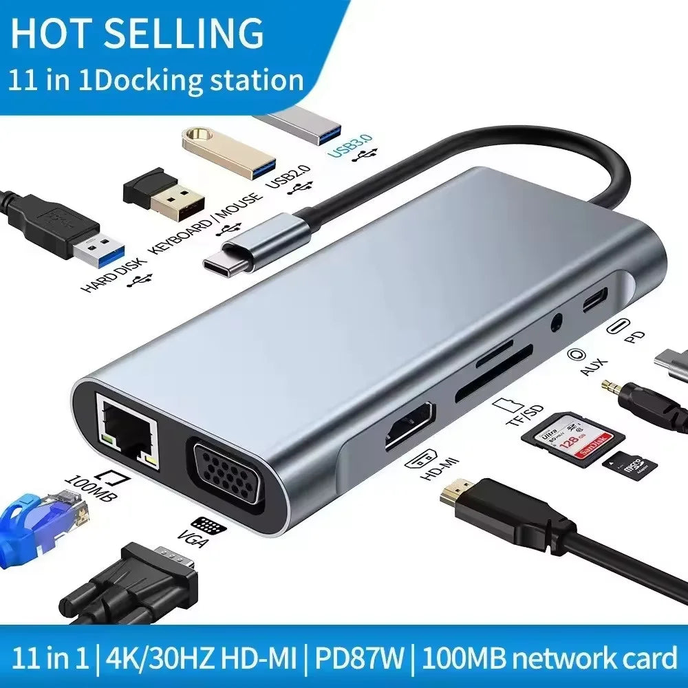 Multifunction Usb 3.0 Hubs Docking Station Abs Adapter Metal HDTV Pd SD TF Usb 2.0 Usb-c Hub Splitter for Computer Laptop PC