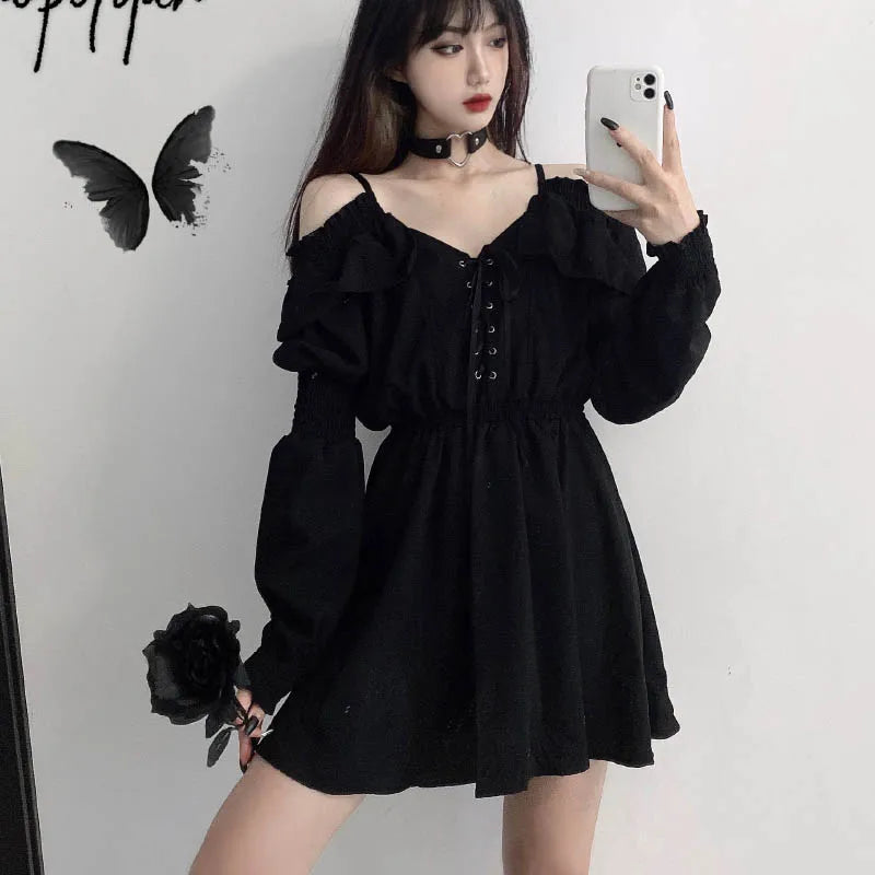 Zoki Harajuku Gothic Women Dress Y2K Summer Sexy Off Shoulder Black Bandage Mini Dress Fashion Elegant Party Night Vestidos New