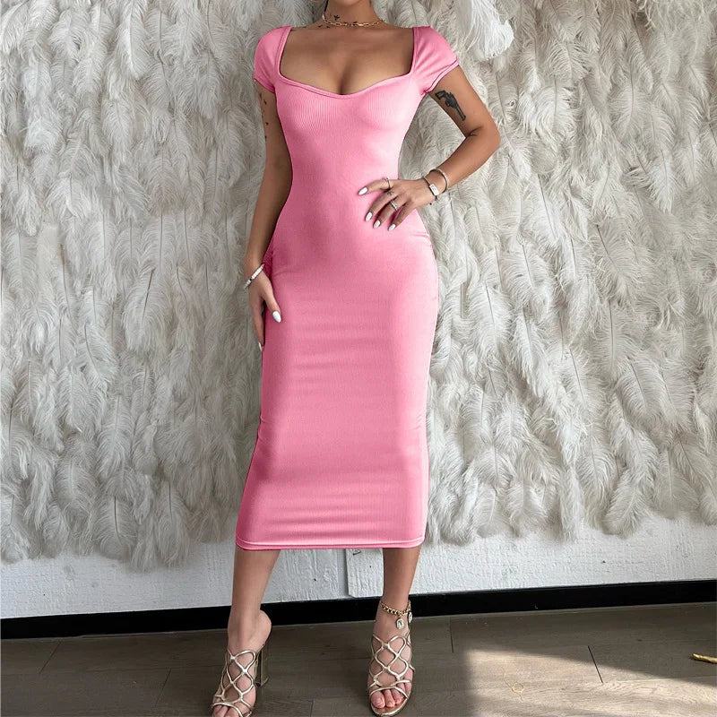 RNSHANGER Elegant Slim Rib Women Dress Casual Slash Neck Summer Long Dresses Sexy Solid Black Evening Clubwear Fashion Dresses