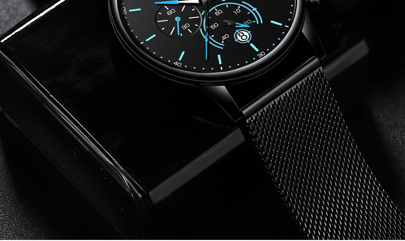 POEDAGAR Men Watch Fashion Chronograph Slim Stainless Steel Mesh Quartz Men's Wristwatch Waterproof Luminous Date Sport Watch