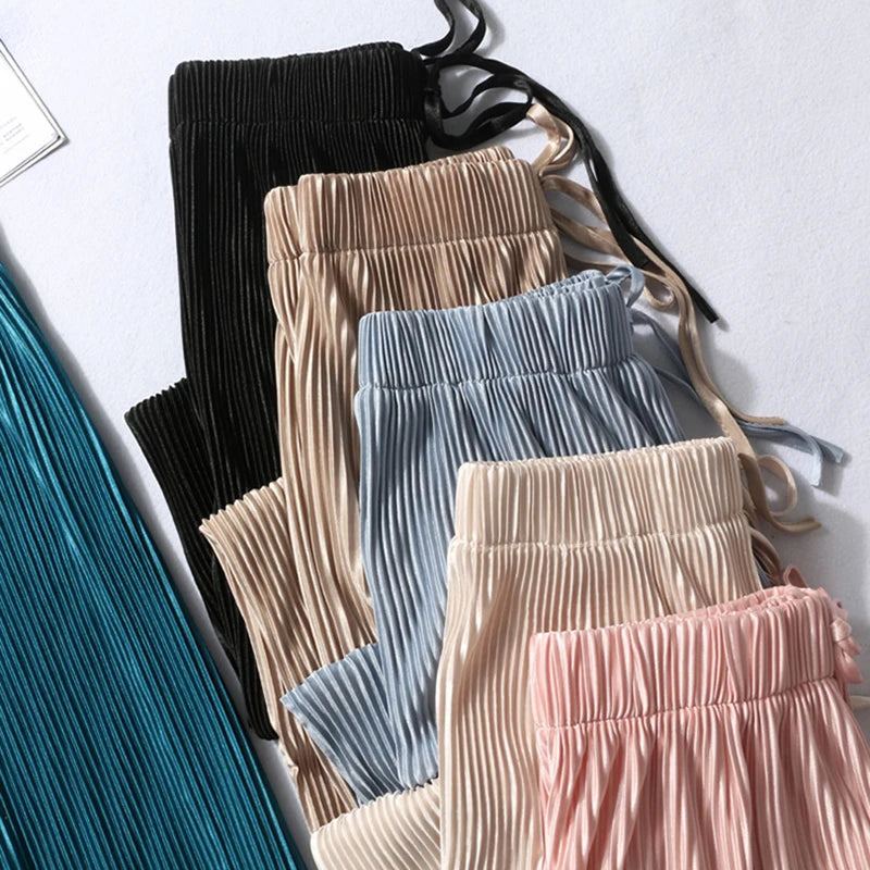 Women Fashion Summer Wide Leg Pants Pleated Ice Silk Trousers Elastic Waist Loose Casual Classic Base Girls Gifts Wear Pants