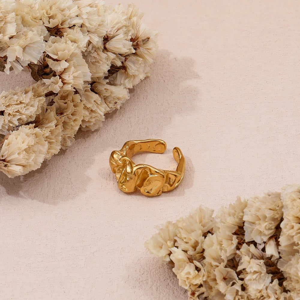 Joolim Jewelry Wholesale 18K Gold Plated Irregular Wrinkle Lava Stainless Steel Open Rings for Women Statement Rings