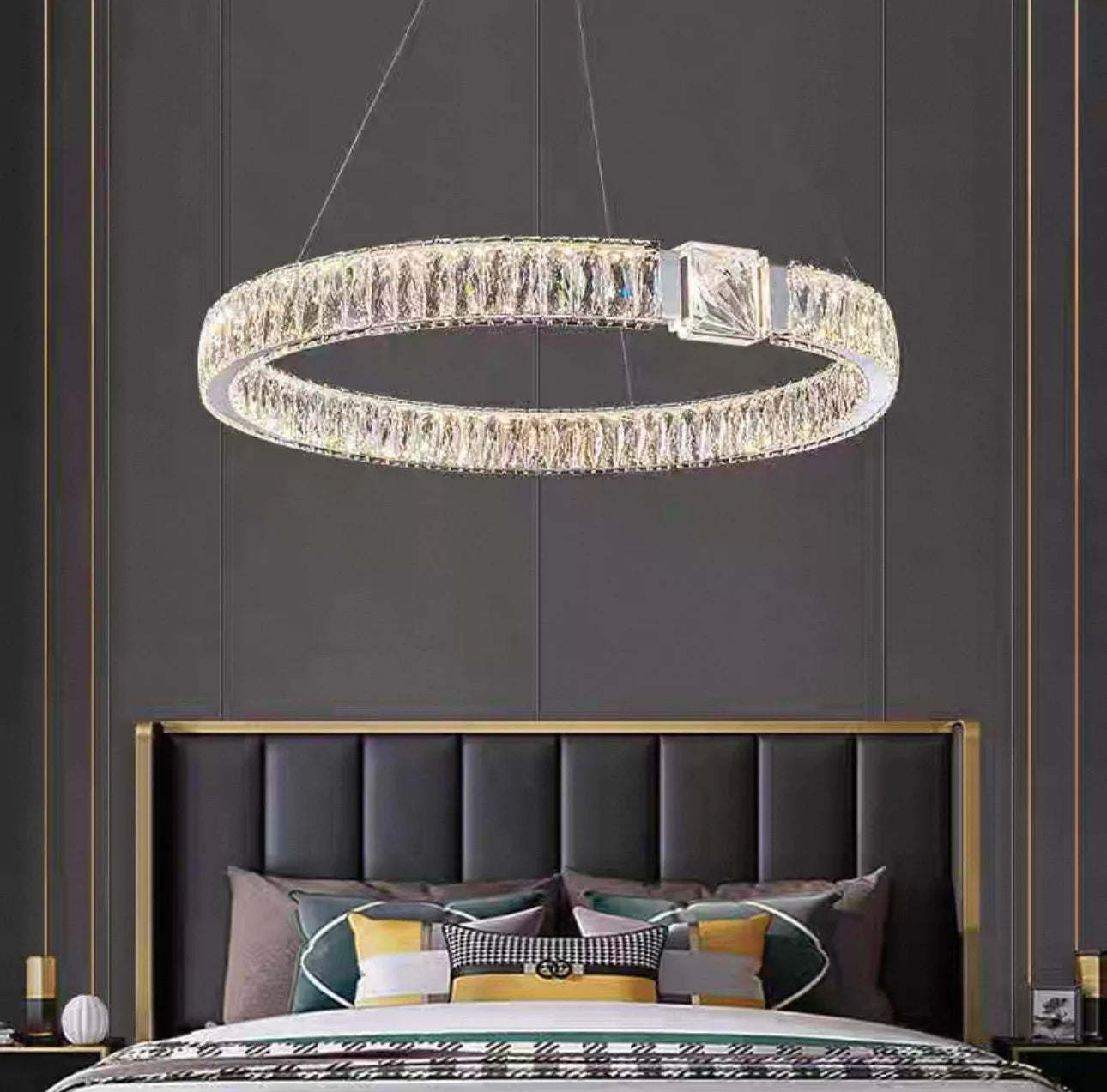 Circular ceiling light, living room stainless steel high adjustable crystal ring pendant light