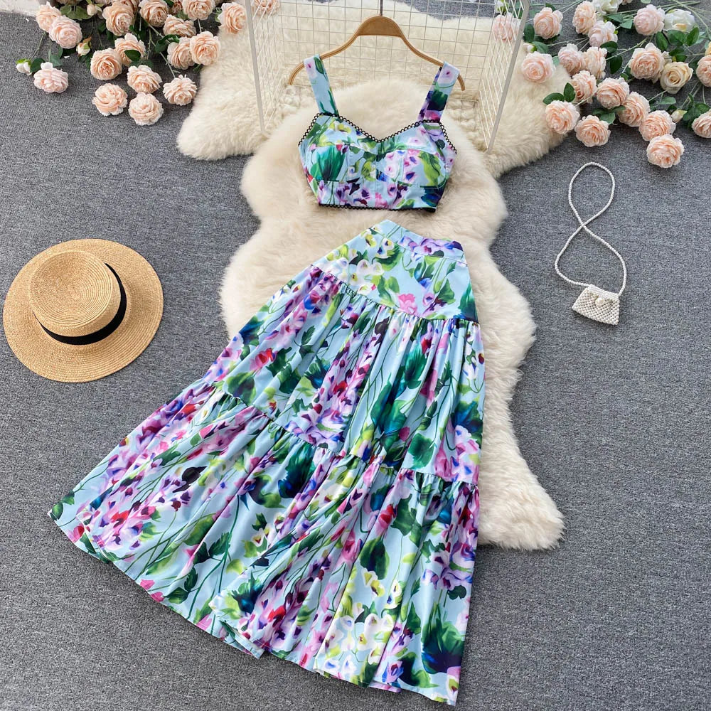ANSZKTN and the United States Vacation Style ANSZKTN Print Suit Female Short Sling Top Pleated Skirt Set