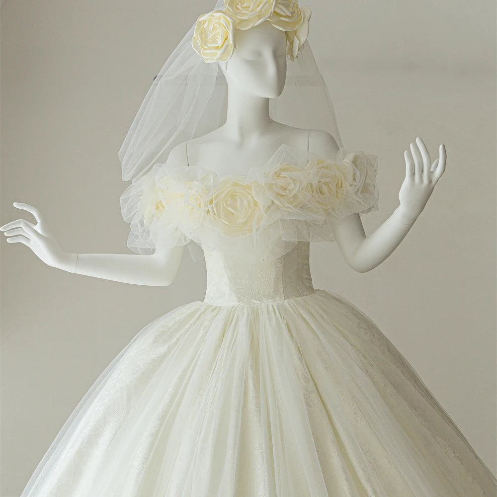 Princess Off Shoulder 3d Flower Ball Gown Wedding Dresses RL322