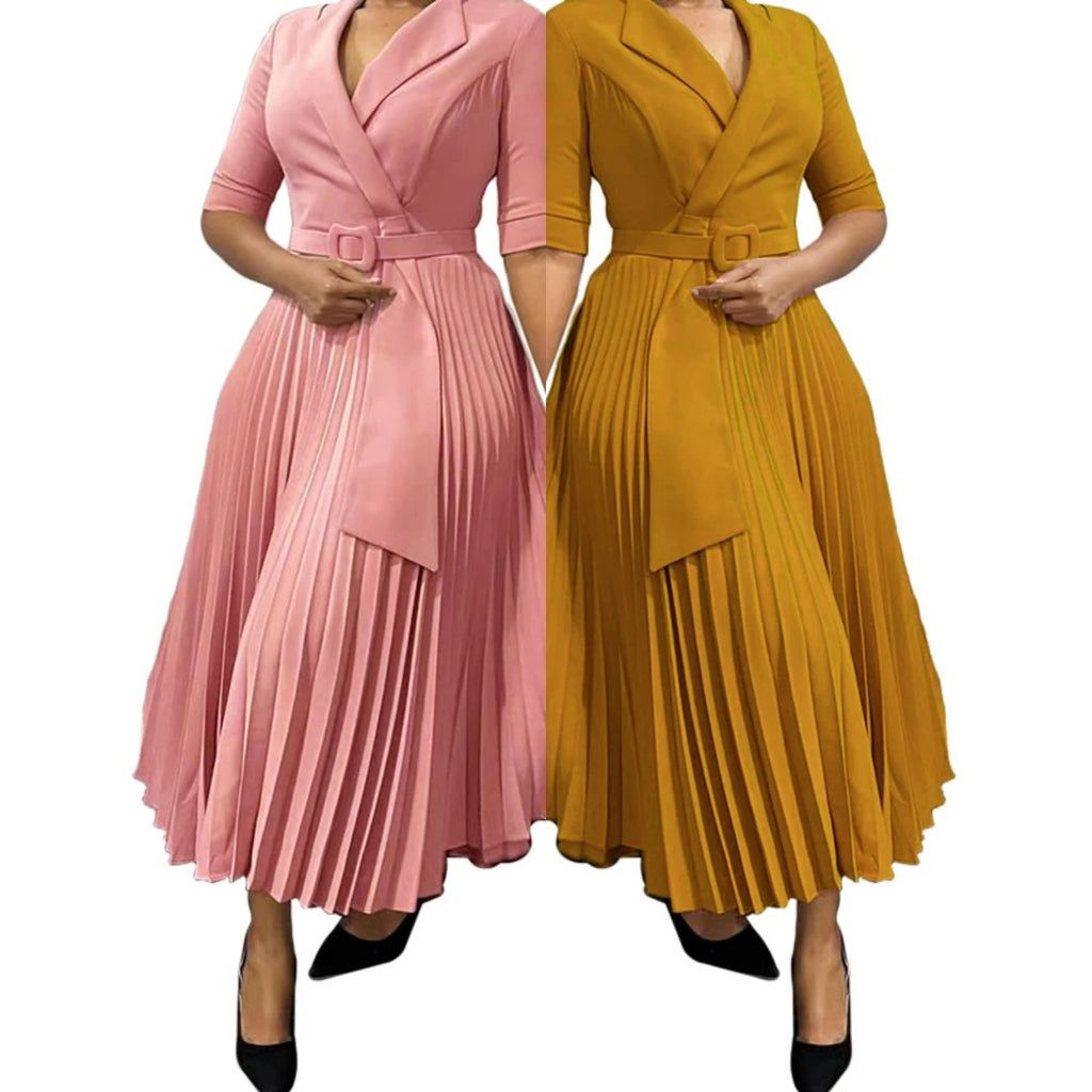 Trendy Autumn Office Lady Dresses Women Casual Elegant Suit Collar Half Sleeve Pleated African Career Dresses for Women