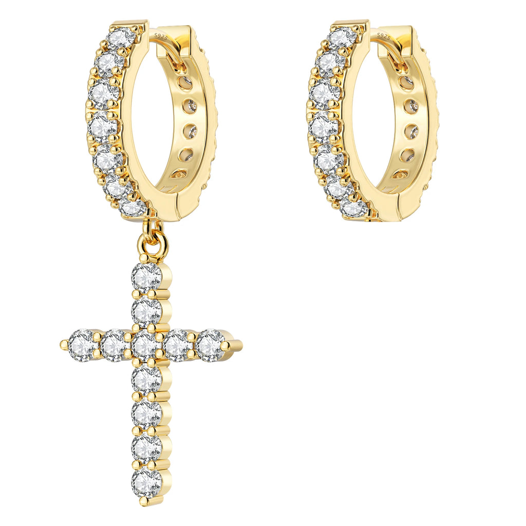 14K Gold Plated Dangle Cross Earring 925 Sterling Silver Women Men Birthday Gift CHRISTIAN 5A CZ Cubic Zirconia Hoop Earring