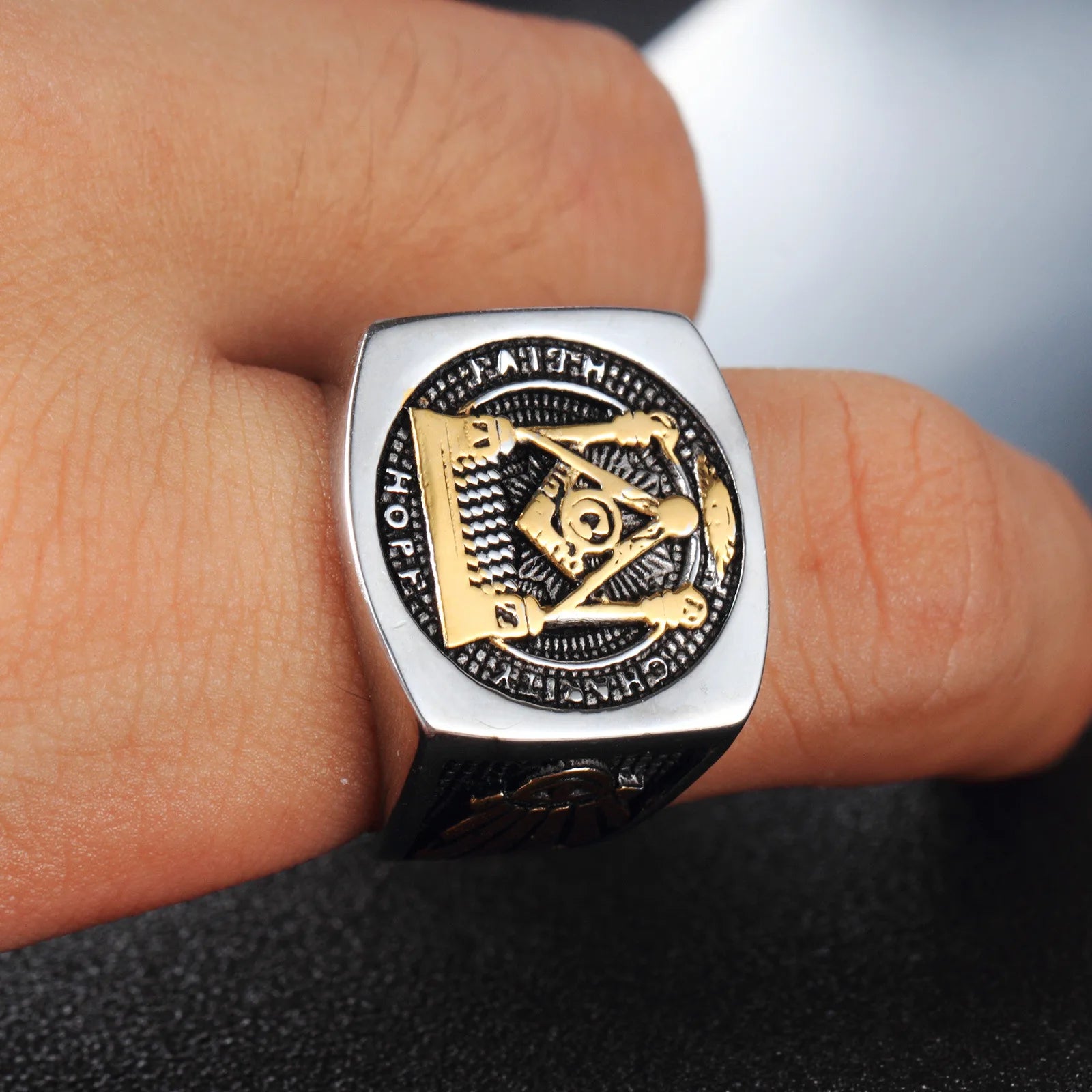 OAHLAN Fashion Jewelry Rings Wedding Bands Gold Plated Vintage Freemason Symbol Masonic Stainless Steel Inlay Men Gift