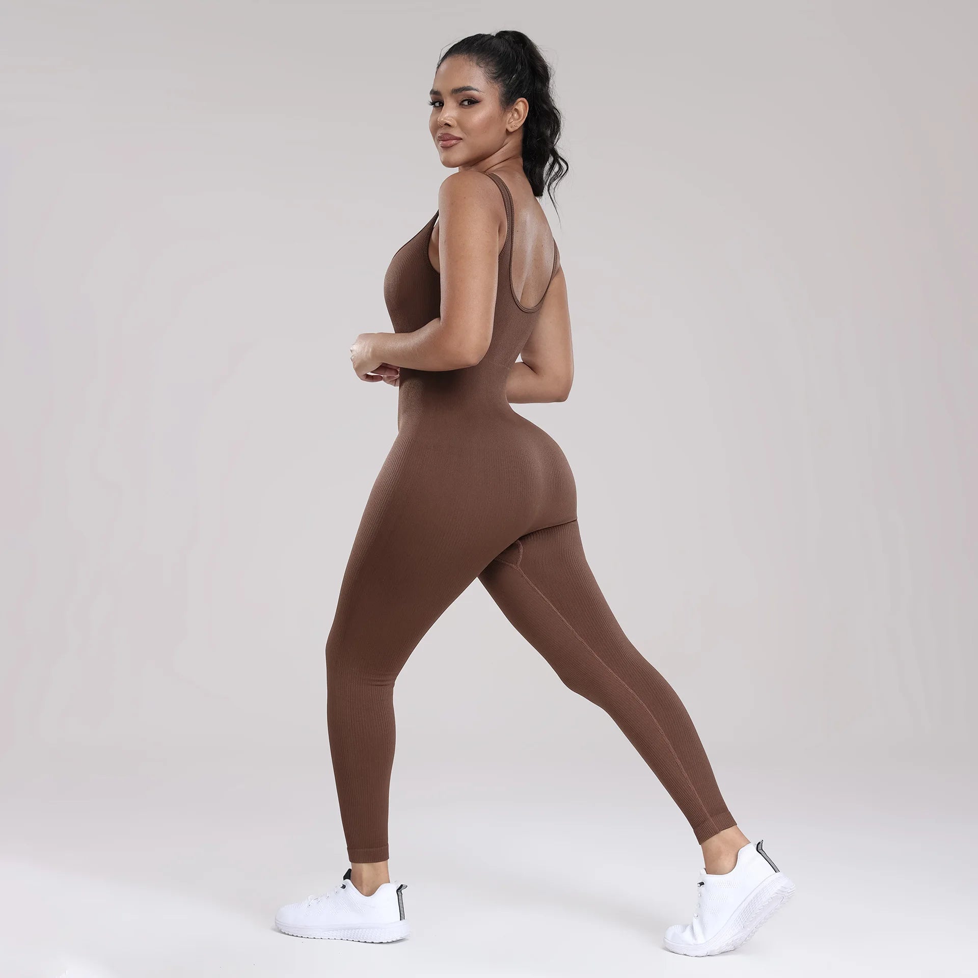 Women's High-Waist Yoga Jumpsuits Ribbed Workout Bodysuits with Sleeveless Sports Bra Knitted Fitness Rompers