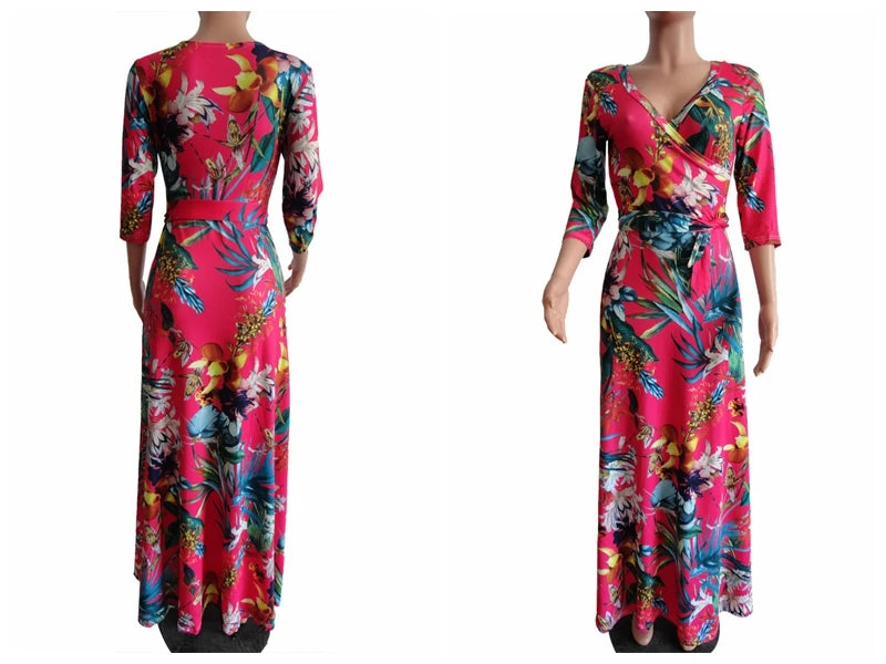 Autumn Fashion Plaid Printed Long Swing Dress Vintage Style Sexy Deep V Quarter Sleeve Boho Maxi Dress ESMR8834