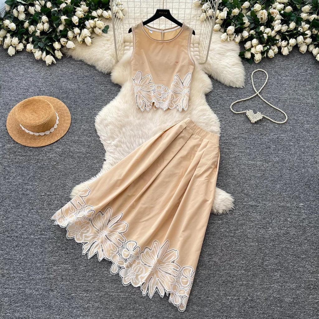 2026 Summer New Fashionable Embroidered Jacquard Vest High Waist Pleated Skirt Women's Set
