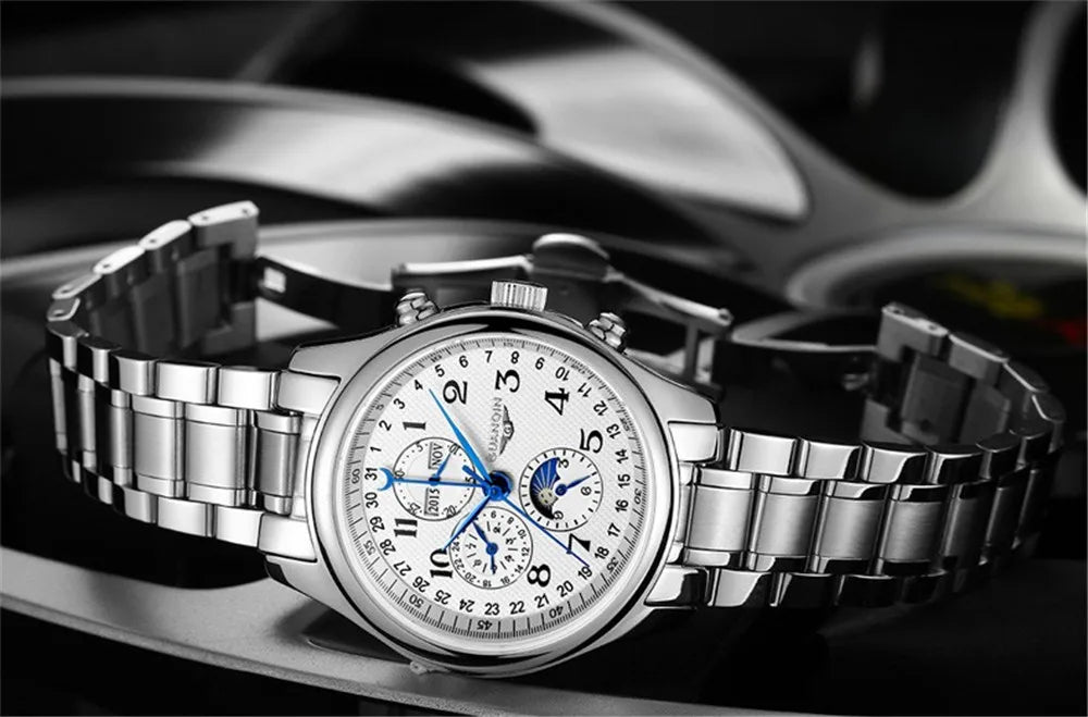 GUANQIN Leather Steel Mechanical Sapphire Men Watches Top Brand Luxury Waterproof Automatic Wristwatch Calendar Moon Phase