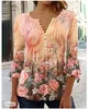 2024 Spring Summer New Fashion Women's Casual Floral Print V-Neck Elegant T-Shirt Full Sleeved Pleated Button T-shirt