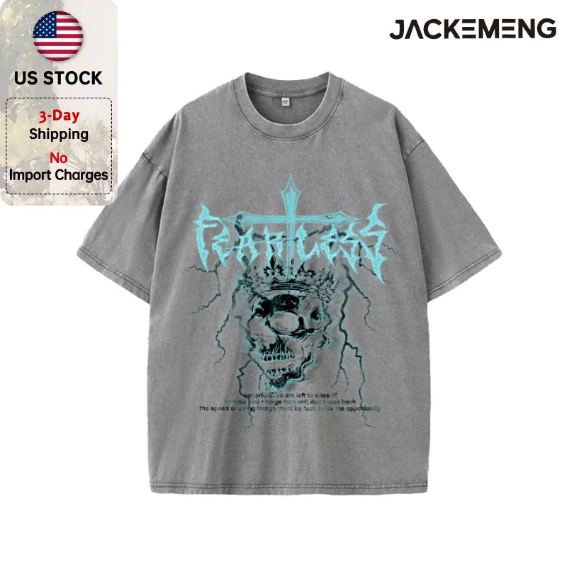 Oversized Vintage Retro Gothic Skull Streetwear Print Tshirt USA Stock Wholesale Y2K Casual Tee