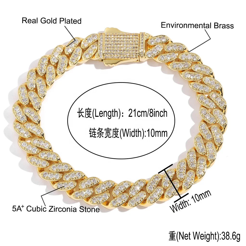 BES 10MM Iced Out Cuban Link Chain Cubic Copper Zirconia Necklace Hip Hop Bracelet Wholesale Women Man Hip Hop Jewelry