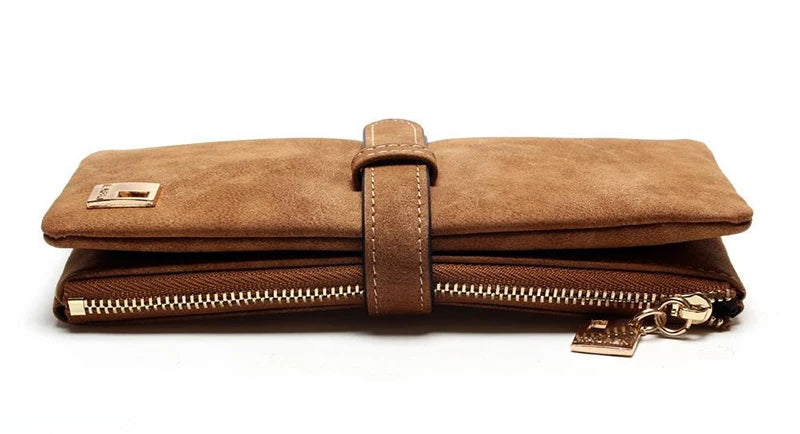 Vintage Women Long Standard Wallets Purse Fold Drawstring Nubuck Leather Zipper Suede Bag Female Simple Design Clutch Handbags
