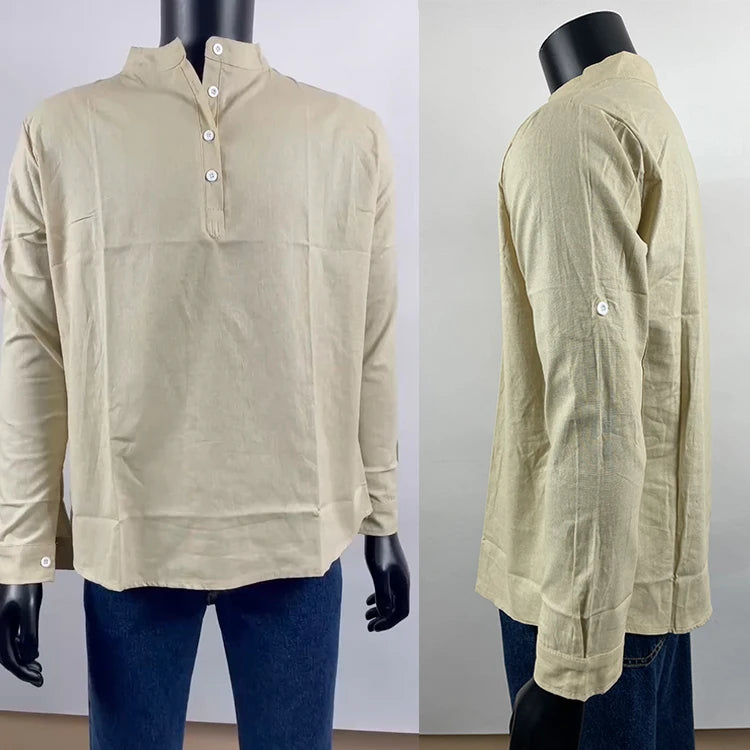 New Men's Casual Blouse Shirt Loose Tops Long Sleeve Tee Shirt Handsome Men's Cotton Slim Fit Linen Shirts