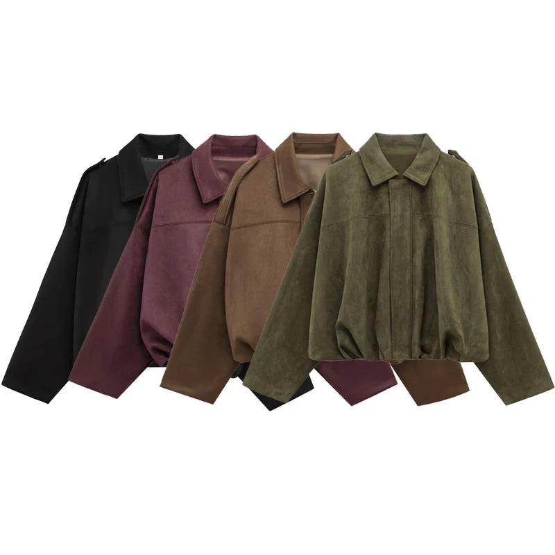 Women 2025 High Street Cropped Racing Jackets Coats Outerwears Lapel Long Sleeve Zipper Suede Jacket Women's Bomber Jacket
