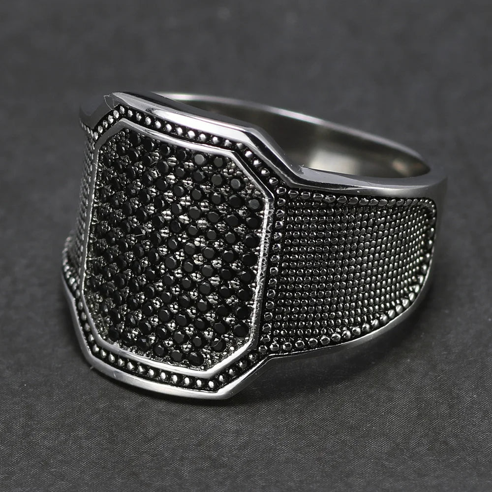 925 Sterling Silver Natural Black Zircon Stone Curved Design Turkish Men Rings