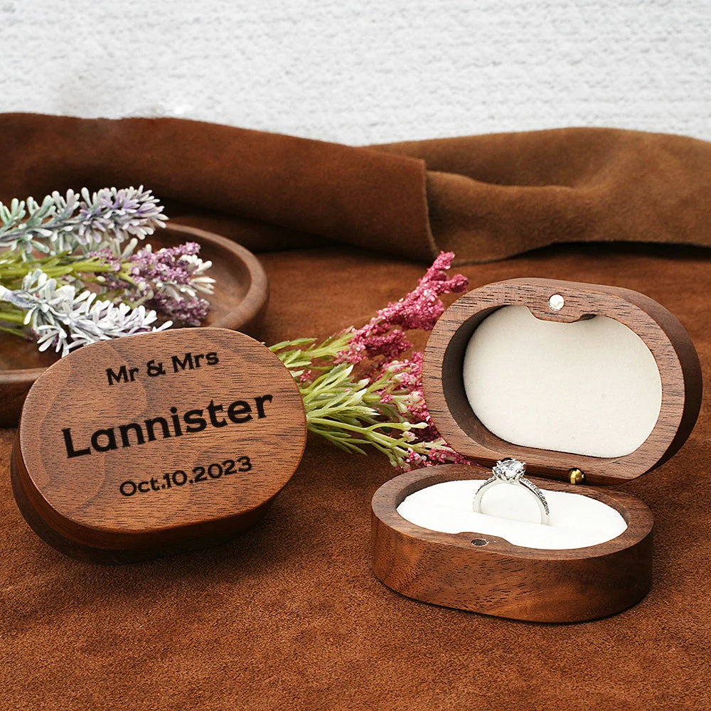 Luxury Customized Logo Engraved Your Name Natural Walnut Jewelry Storage for Rings Necklace Earrings Wooden Gift Box
