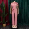 D509 Latest Design Sexy Lace Jumpsuit for Women Hollow Out Short Sleeve Tie up High Waist Wide Leg Jumpsuits for Ladies